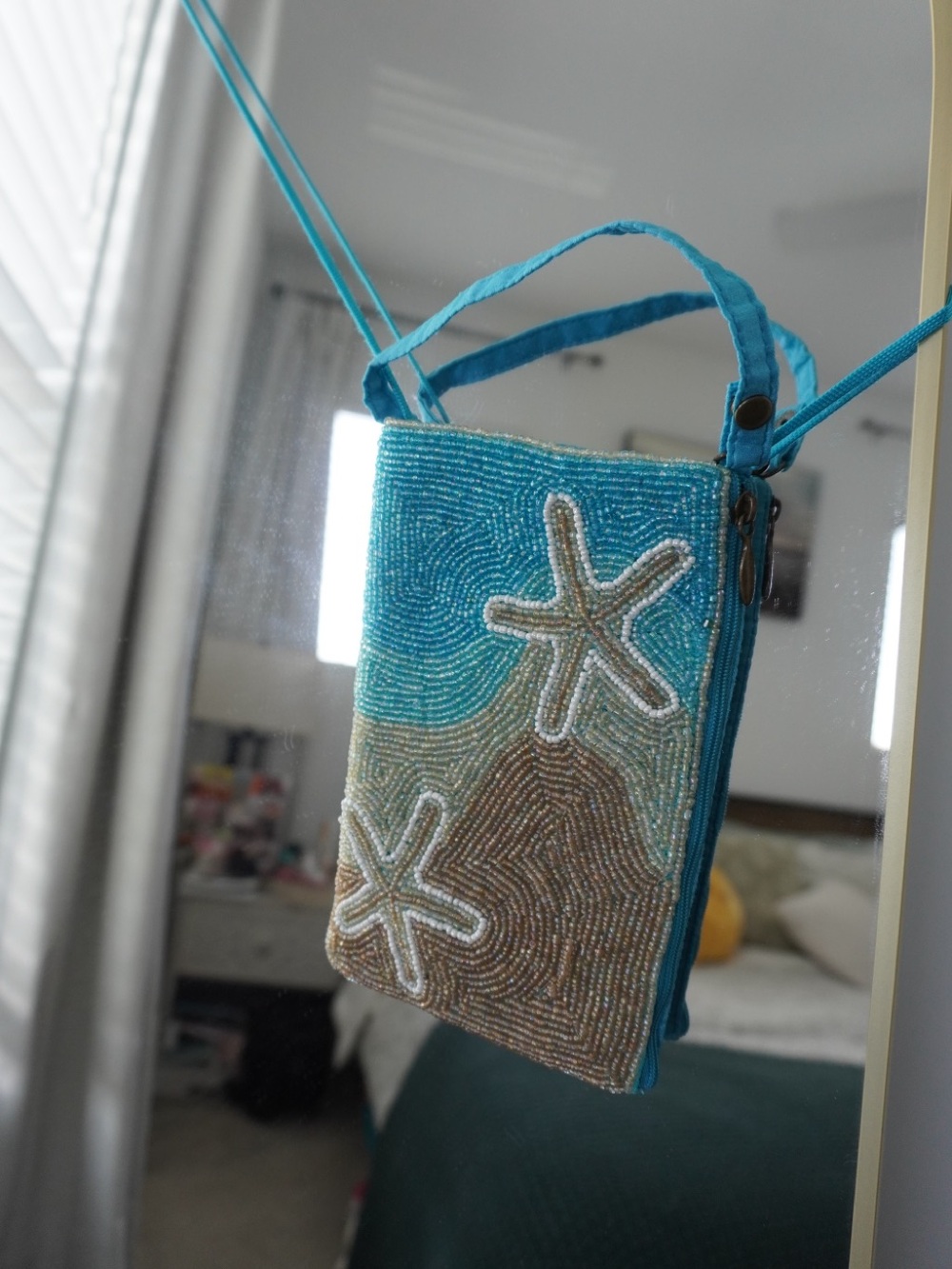 Beaded Starfish Crossbody Bag in Turquoise and Tan